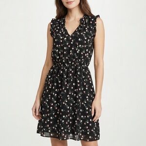 Lucky Brand Black Floral Ruffle V-Neck Mini Dress Large Boho Festival Peasant